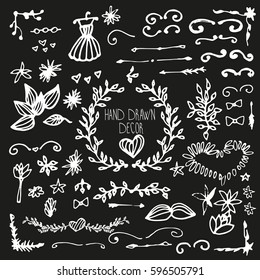 Hand drawn decor for invitations. Doodle elements. floral ornate