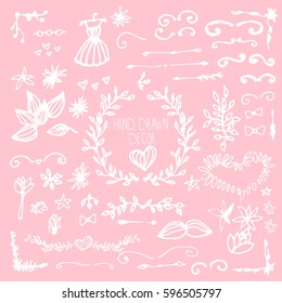Hand drawn decor for invitations. Doodle elements. floral ornate
