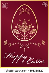 Hand drawn decorated boho easter egg card in gold