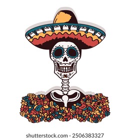 Hand drawn decorated Calavera wearing sombrero, adorned with colorful patterns on the skull. Linear skeleton (calaca) is surrounded by marigold flowers for Día de los Muertos - Mexican Day of the Dead