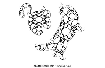 Dibujo a mano de un gato de dibujos animados decorados al estilo boho. Dibujo de lápiz