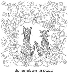 Hand drawn decorated cartoon cats in boho style. Pencil drawing.  Image for adult or children coloring  book, page. Vector illustration - eps 10.