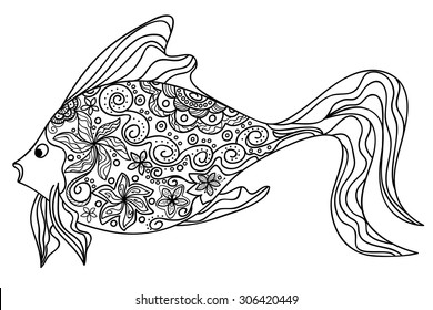 Hand drawn decorated cartoon fish.  Henna Paisley flowers Mehndi. Image for adult coloring  page, tattoo. Vector illustration - eps 10.