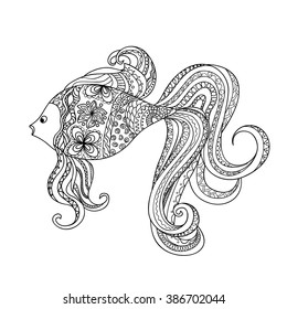 Hand drawn decorated cartoon fish in boho style. Pencil drawing.  Image for adult or children coloring  book, page, tattoo, decorate dish, cerami?s, tunics, t-shorts. Vector illustration - eps 10.