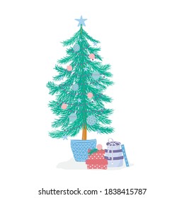 Árbol de navidad adornado a mano con estrellas y bolas y con cajas de regalos de Navidad. Feliz Navidad y un feliz año nuevo. Ilustración vectorial de estilo plano.