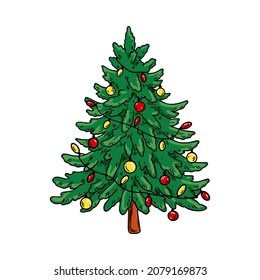 Hand drawn decorated Christmas tree. Vector illustration