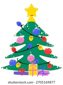 Árvore de Natal decorada desenhada à mão com luzes, presentes e brinquedos. Ilustração de vetor plano.