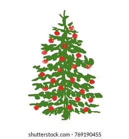 a hand drawn decorated Christmas tree; fir tree silhouette; ink painted vector illustration; great for winter holidays