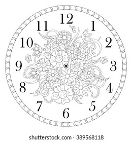Hand drawn decorated clock face in boho style on the white background. Vector illustration - eps 10.