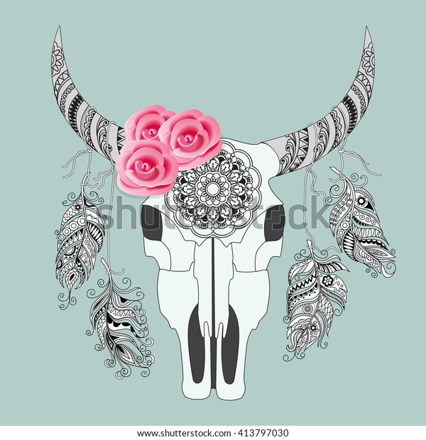 Hand Drawn Decorated Cow Skull Mandala Stock Vector Royalty Free