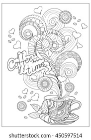 Hand drawn decorated cup of coffee with tangled herb and mandalas.  Image for adult or children coloring books. Vector illustration - eps 10.