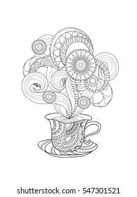 Hand drawn decorated cup in zen style. Image for tea party, adult antistress coloring book,  print art for decorate t-shirt, tunic, bag, dishes, wall art. eps 10. 