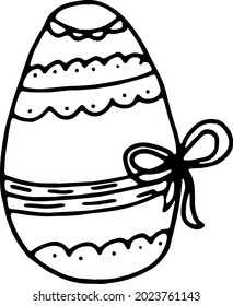 Hand drawn decorated Easter egg in doodle style with ribbon on it,black and white style ,special unique Easter ornament with lines and dots ,good for Easter ,holiday arrangements,postal cards,events