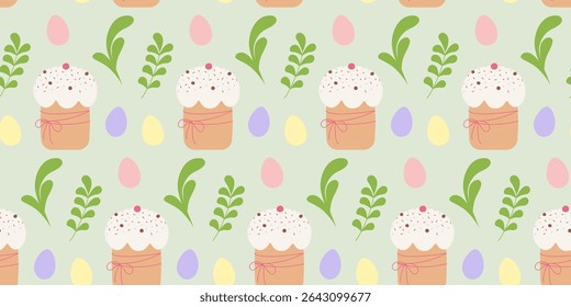 Bolo de Ester decorado desenhado à mão Abstract Twigs and Leaves and Colored Eggs Seamless Pattern Backdrop