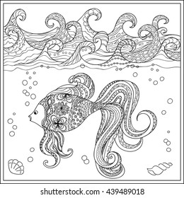 Pescado decorado dibujado a mano en el océano con olas. Imagen para libros para colorear para adultos y niños, grabado, grabado, bordado, decorar camisetas, túnicas. eps 10 