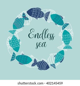 Hand drawn decorated fish wreath