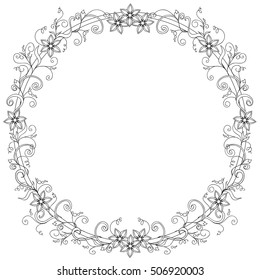 hand drawn decorated frame of flowers in boho ethnic style. Image for  valentin`s day, wedding, invitation card, antistress adult coloring book. eps 10.