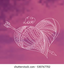Hand drawn decorated heart with arrow on the violet sky background and calligraphy text Love. Art print for decorate wall, clock,, plate, disk, tunics, t-shirt. Vector illustration - eps 10.