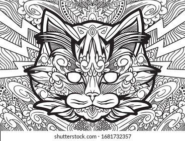 Hand drawn decorated image with doodle flowers and Zentangle style. Vector black and white floral pattern. Floral background can be used for decorationg cards, brochures, web, adults coloring page