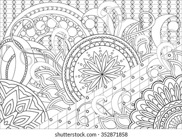 Hand drawn decorated image with doodle flowers and mandalas in zen style. Henna Paisley flowers Mehndi. Image for adults coloring page. Vector illustration - eps 10.