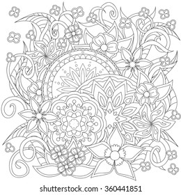 Imagen dibujada a mano con flores de doodle y mandalas. Imagen de la página de colorear para adultos. Ilustración vectorial - Pasos 10.