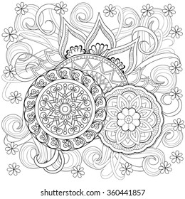 Hand drawn decorated image with doodle flowers and mandalas. Image for adults coloring page. Vector illustration - eps 10.