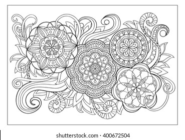 Hand drawn decorated image with doodle elements and mandalas. Image for backgrounds,  adult coloring pages, books, embroidery. A4 Paper Size Template. Vector illustration - eps 8.