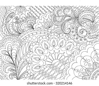 Hand drawn decorated image with flowers in zen style. Henna Paisley flowers Mehndi. Image for adult coloring  book. Vector illustration - eps 10.