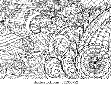 Hand drawn decorated image with flowers in zen style.  Image for adult coloring book. Traced it from original sketch. eps 10.