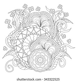 Hand drawn decorated image with flowers and mandalas.   Image for adults coloring page. Vector illustration - eps 10.