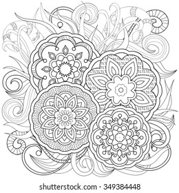 Hand drawn decorated image with flowers and mandalas.   Image for adults coloring page. Vector illustration - eps 10.