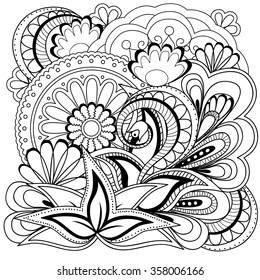 Hand drawn decorated image with flowers and mandalas in zen style. Henna Paisley flowers Mehndi. Image for adults coloring page. Vector illustration - eps 10.