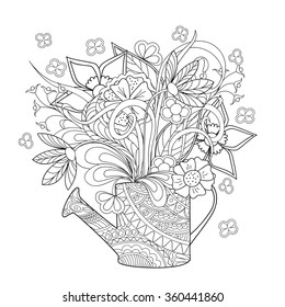 Hand Drawn Decorated Image Watering Can With Flower And Herb.  Image For Adult Coloring  Pages, Tattoo, For Decorate Dishes, Cups, Porcelain, Ceramics, Walls. Vector Illustration - Eps 10.