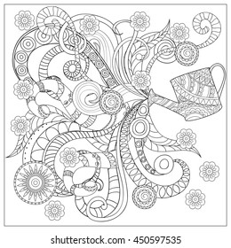 Hand drawn decorated image watering can with tangled floral  forms and mandalas. Image for adult or children coloring  page, tatoo. Vector illustration - eps 10.