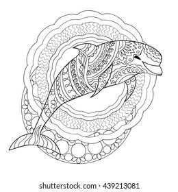 Hand drawn decorated isolated dolphin with mandalas on the white background. Image for adult and children coloring books, engraving, etching, embroidery, decorate t-shorts, tunics, tattoo. eps 10