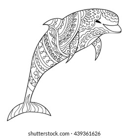 Hand drawn decorated isolated dolphin on the white background. Image for adult and children coloring books, engraving, etching, embroidery, decorate t-shorts, tunics, tattoo. eps 10