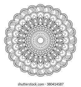 Hand drawn decorated mandala.  Image for adults and children coloring page, tattoo. For decorate dishes, cups, porcelain, ceramics, walls. Vector illustration - eps 10.