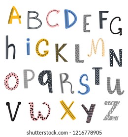 Hand drawn decorated modern fun and quirky alphabet