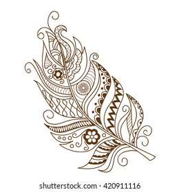 Hand drawn decorated monochrome feather isolated on white. Boho style. Image for adult  coloring books, pages, tattoo, decorate dishes, cups, porcelains, shirts, dresses, bags, tunics. EPS 10.
