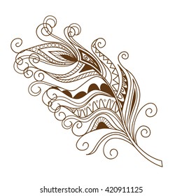 Hand drawn decorated monochrome feather isolated on white. Boho style. Image for adult  coloring books, pages, tattoo, decorate dishes, cups, porcelains, shirts, dresses, bags, tunics. EPS 10.