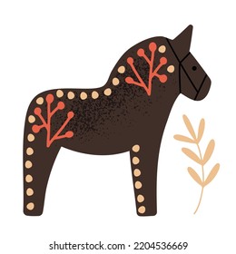 Hand drawn decorated with plants Swedish Dala horse,  isolated on white vector illustration in flat style