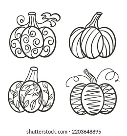 Hand drawn decorated pumpkin set. Black contour silhouette autumn vegetables collection. Pumpkins with leafy and geometric patterns isolated clipart vector illustration