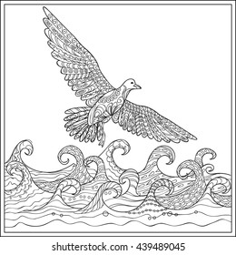 Hand drawn decorated seagull over the ocean with waves. Image for adult and children coloring books, engraving, etching, embroidery, decorate t-shorts, tunics. eps 10