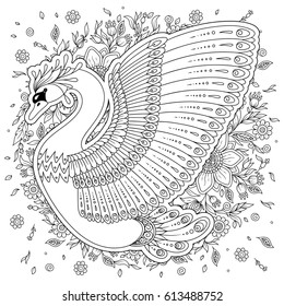 Hand drawn decorated swan and flowers in ethnic style isolated on white. Image for adult, children coloring book, page, tattoo, decorate dishes, cups, porcelain, t-shirts, dress, bags, tunics