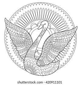 Hand drawn decorated  swan with mandala isolated on white. Boho style. Image for adult  coloring books, pages, tattoo, decorate dishes, cups, porcelains, shirts, dresses, bags, tunics. EPS 10.