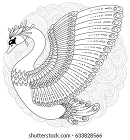 Hand drawn decorated swan with mandala isolated on white. Boho style. Image for adult coloring books, pages, tattoo, decorate dishes, cups, porcelains, shirts, dresses, bags, tunics.