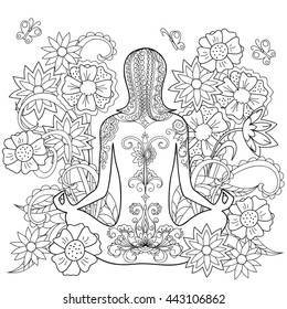 Hand drawn decorated tattoo girl in the flowers. Image for relaxation adult and children coloring books. eps 10