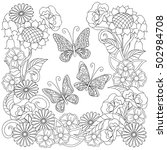 Hand drawn decorated three butterflies and flowers in ethnic style isolated on white for adult and children coloring book, decorate dishes, cups, porcelains, t-shirts, dresses, bags, tunics. EPS 10.
