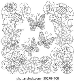 Hand drawn decorated three butterflies and flowers in ethnic style isolated on white for adult and children coloring book, decorate dishes, cups, porcelains, t-shirts, dresses, bags, tunics. EPS 10.
