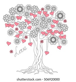 hand drawn decorated tree of love in boho ethnic style. Image for valentine day card, antistress adult coloring book, decorate bags, tunics, dress. eps 10.